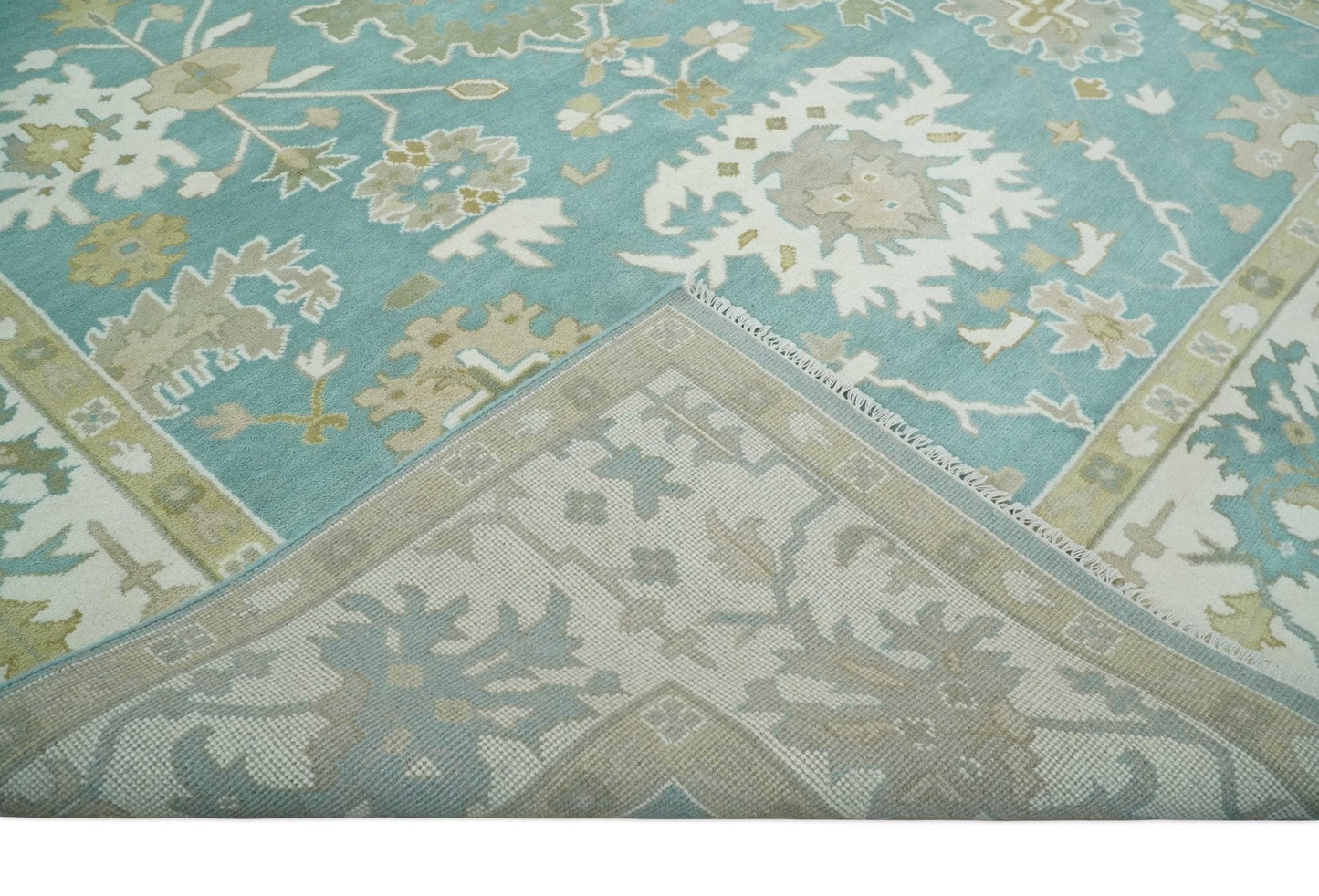 Hand Knotted Oriental Oushak Teal, Ivory and Beige Wool Area Rug