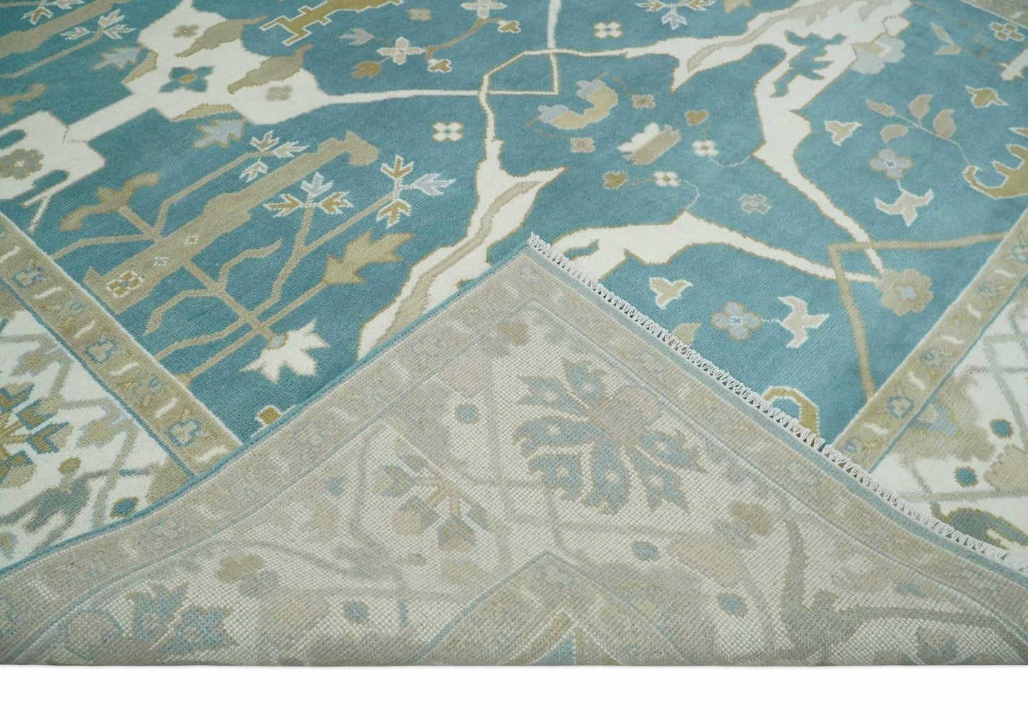Hand Knotted Oriental Oushak Teal, Ivory and Beige Wool Area Rug