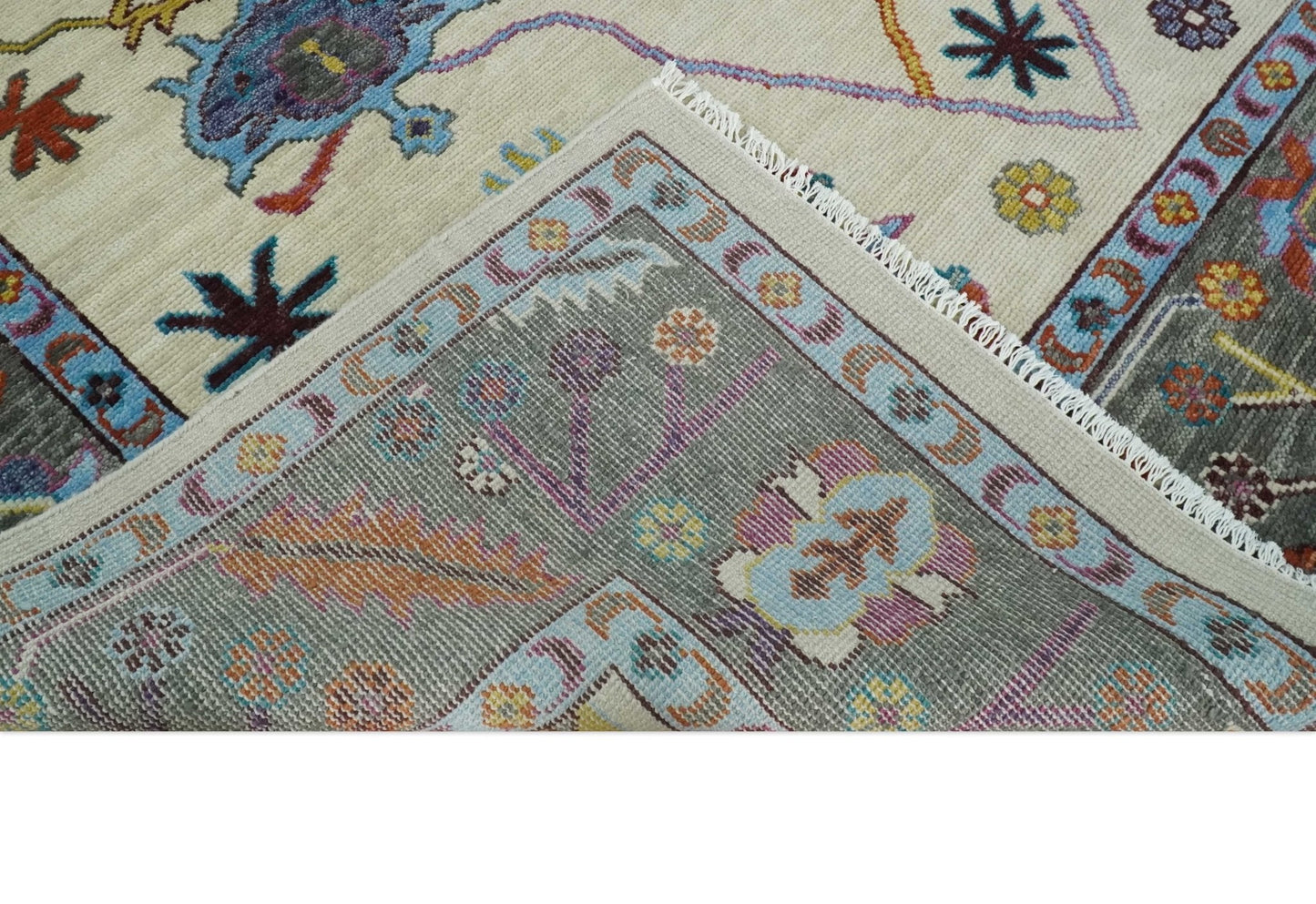 Hand Knotted Ivory, Gray and Blue Traditional Oushak Multi Size Wool Area Rug