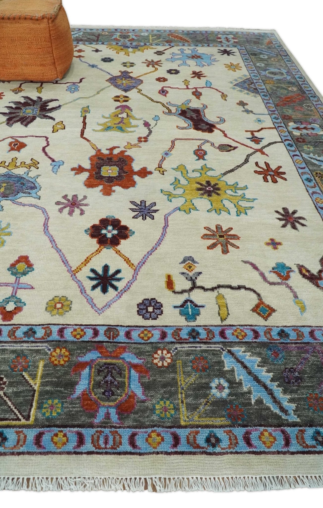 Hand Knotted Ivory, Gray and Blue Traditional Oushak Multi Size Wool Area Rug
