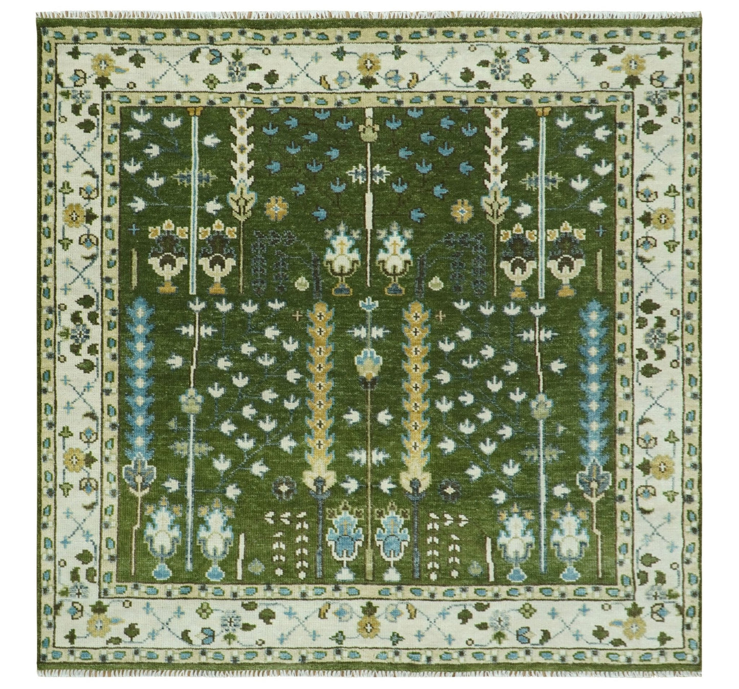 Hand Knotted Royal Green and Ivory Traditional Turkish Style Tree Of Life Multi Size Wool Area Rug