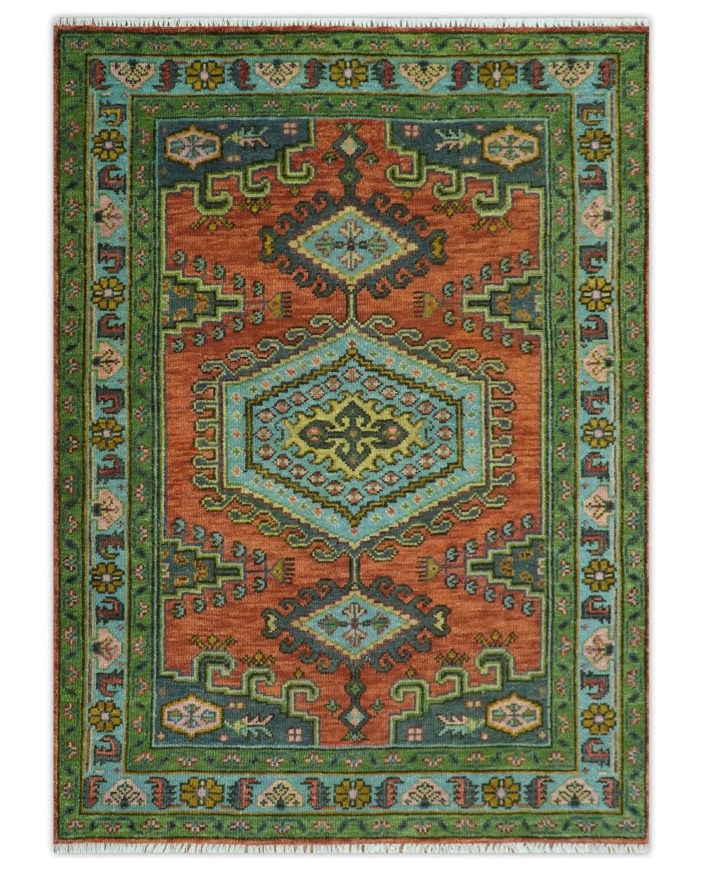 Hand Knotted Rust, Blue and Olive Traditional Antique Persian Rug