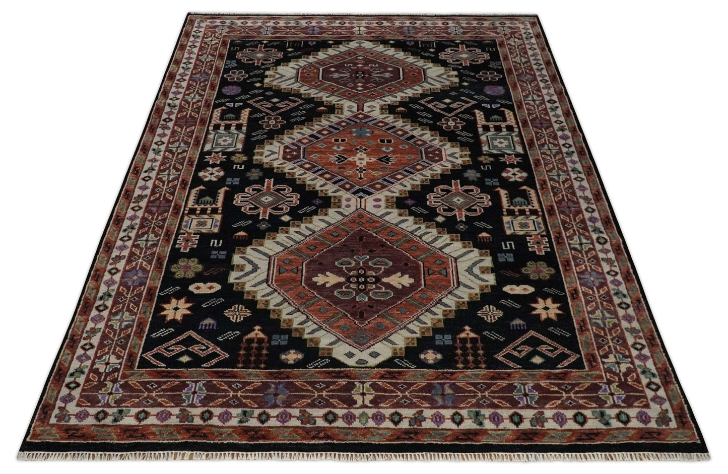 Hand Knotted Rust, Ivory and Black Traditional Heriz Wool Area Rug