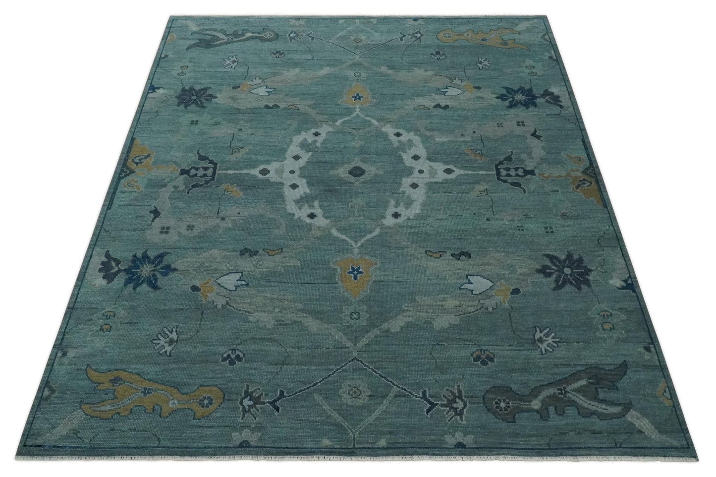 Hand Knotted Traditional Oriental Oushak Antique Style Green Wool Area Rug