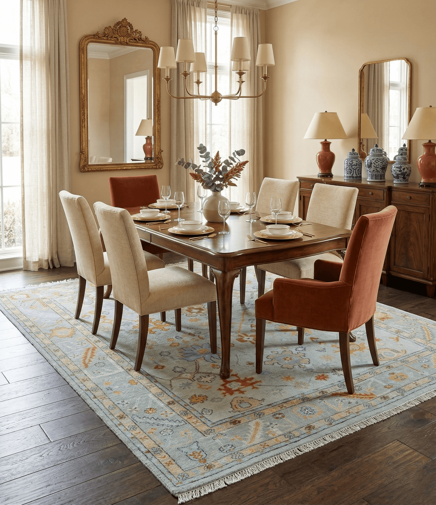 Hand Knotted Traditional Oushak Blue And Mustard Wool Rug