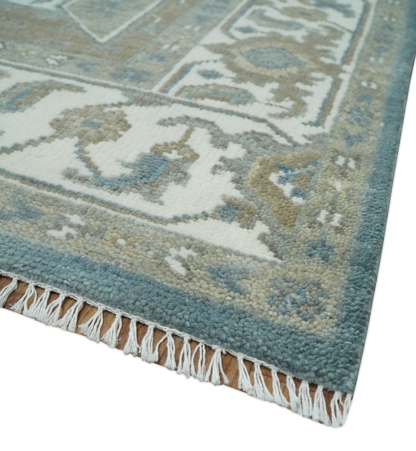 Teal And Ivory Hand Knotted Traditional Heriz Wool Area Rug