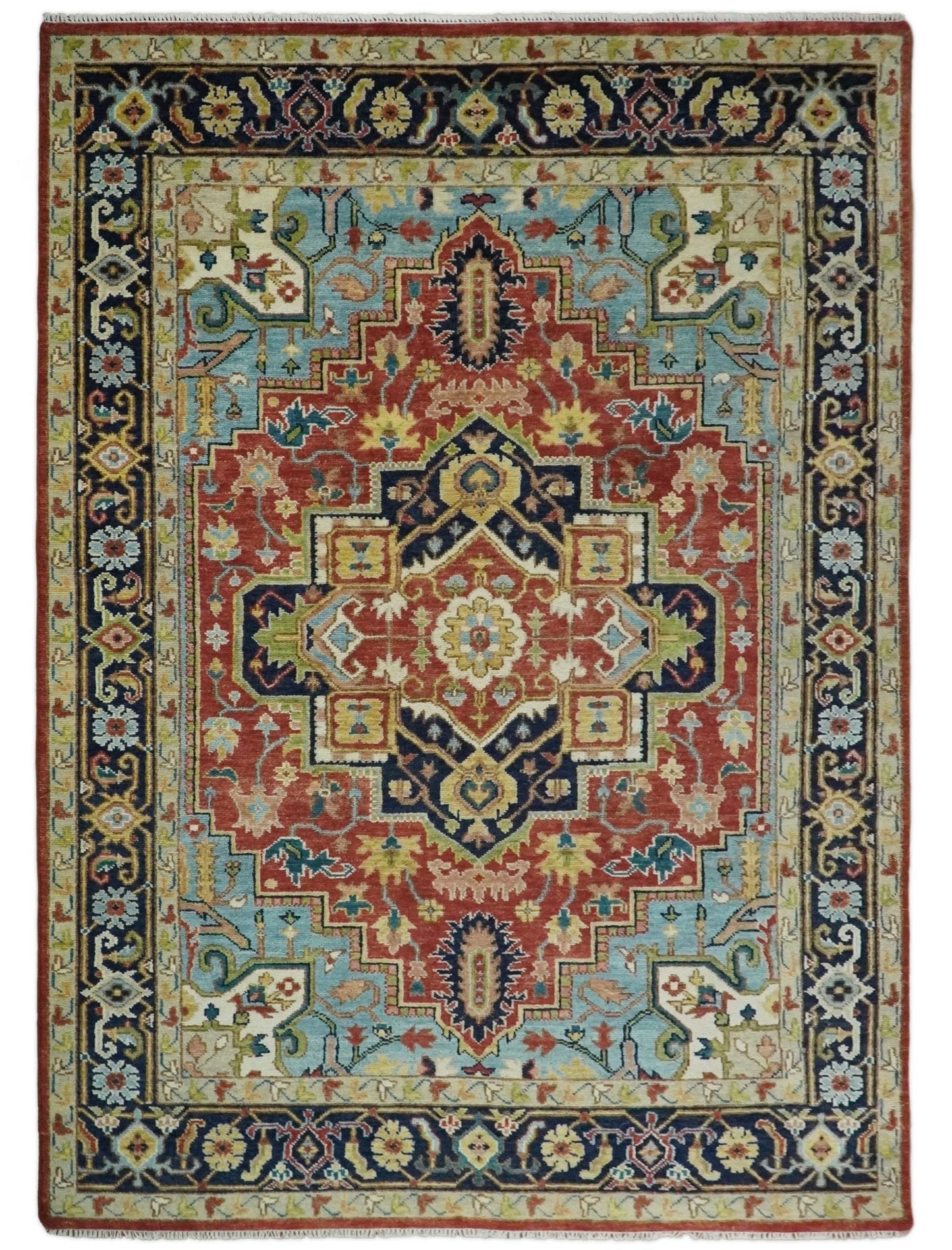 Rust And Blue Traditional Medallion Hand Knotted Wool Area Rug