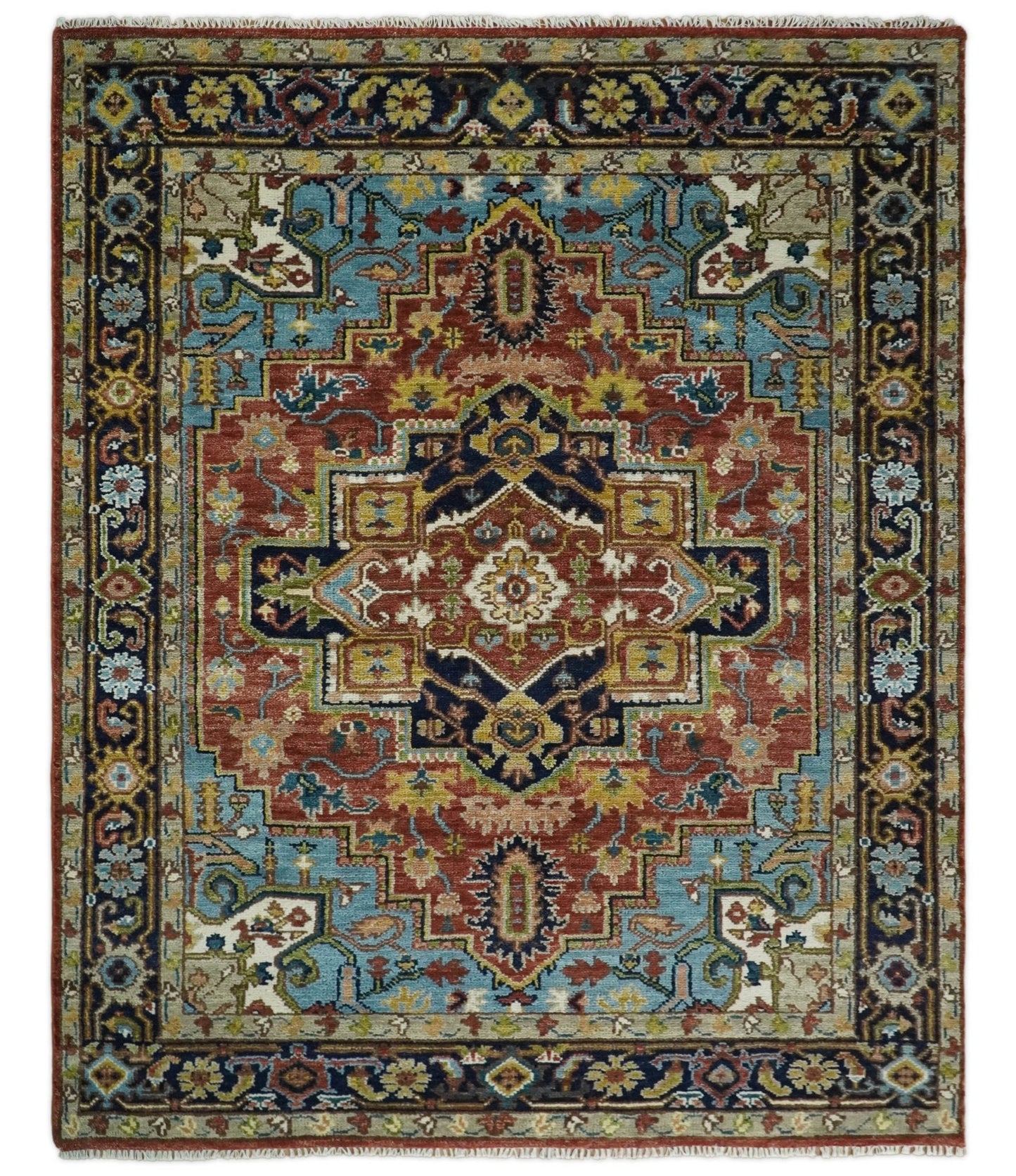 Rust And Blue Traditional Medallion Hand Knotted Wool Area Rug