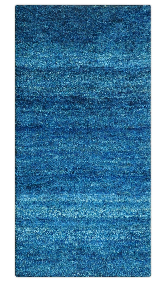 High Pile Blue Hand knotted Contemporary Custom Made Solid Afghan wool Area Rug