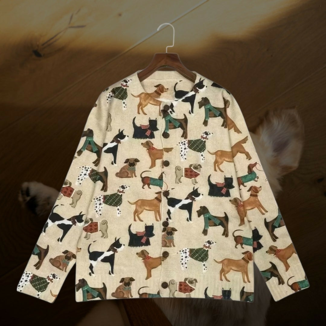 Anytime Crystals Tan Dog Breed Print Long Sleeve Cardigan Sweater