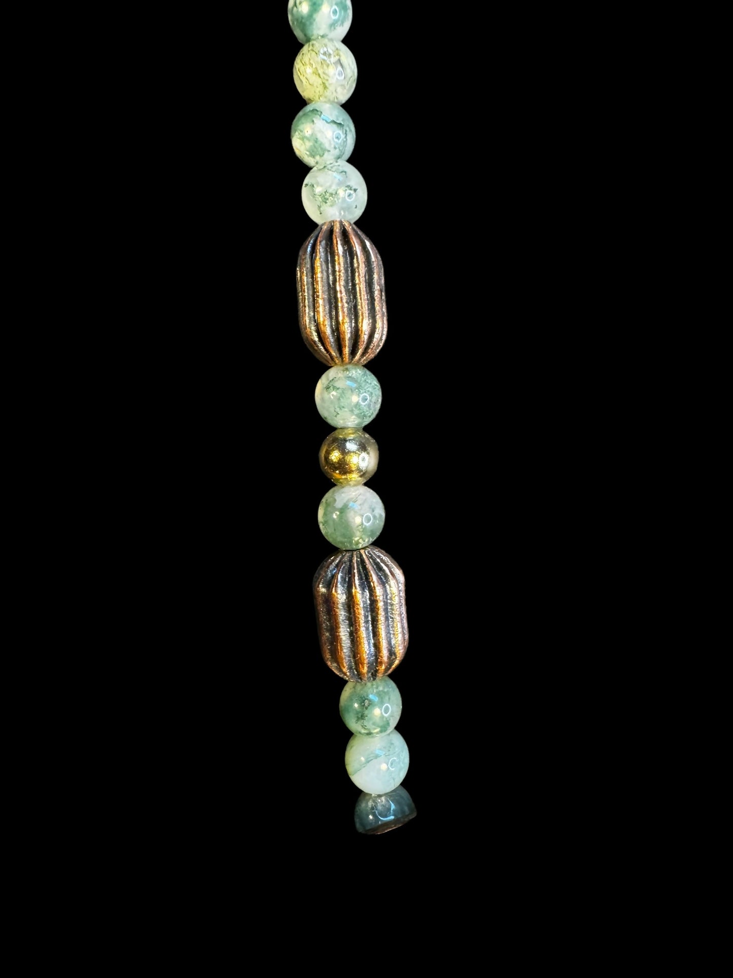 Handcrafted Electroformed Copper Statement Necklace | Moss Agate Beads | Organic Shell Slice Pendant | Artisan One-of-a-Kind 24”