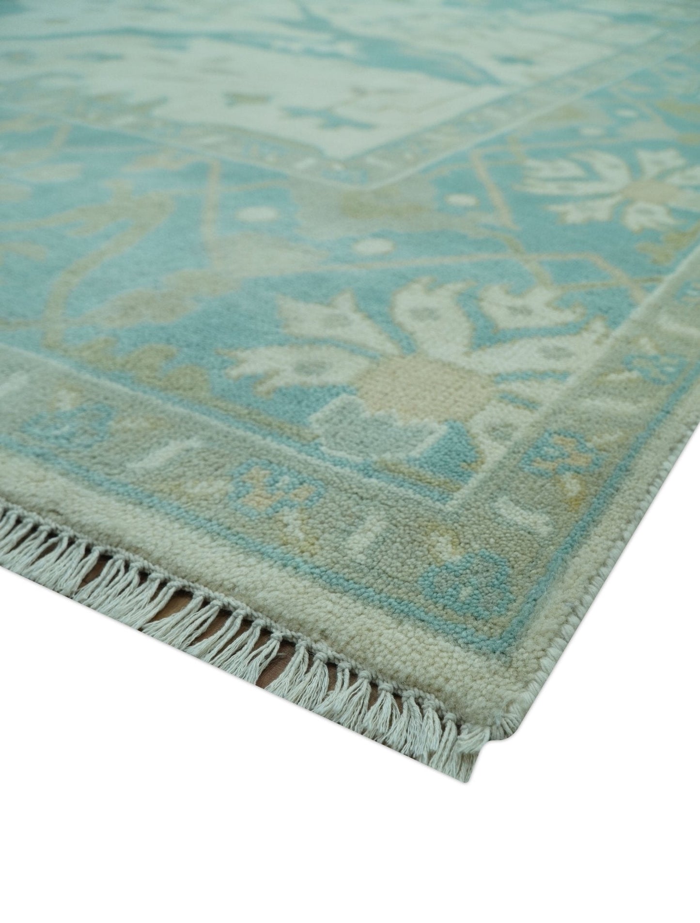 Ivory and Aqua Hand Knotted Oriental Oushak Custom Made Wool Rug
