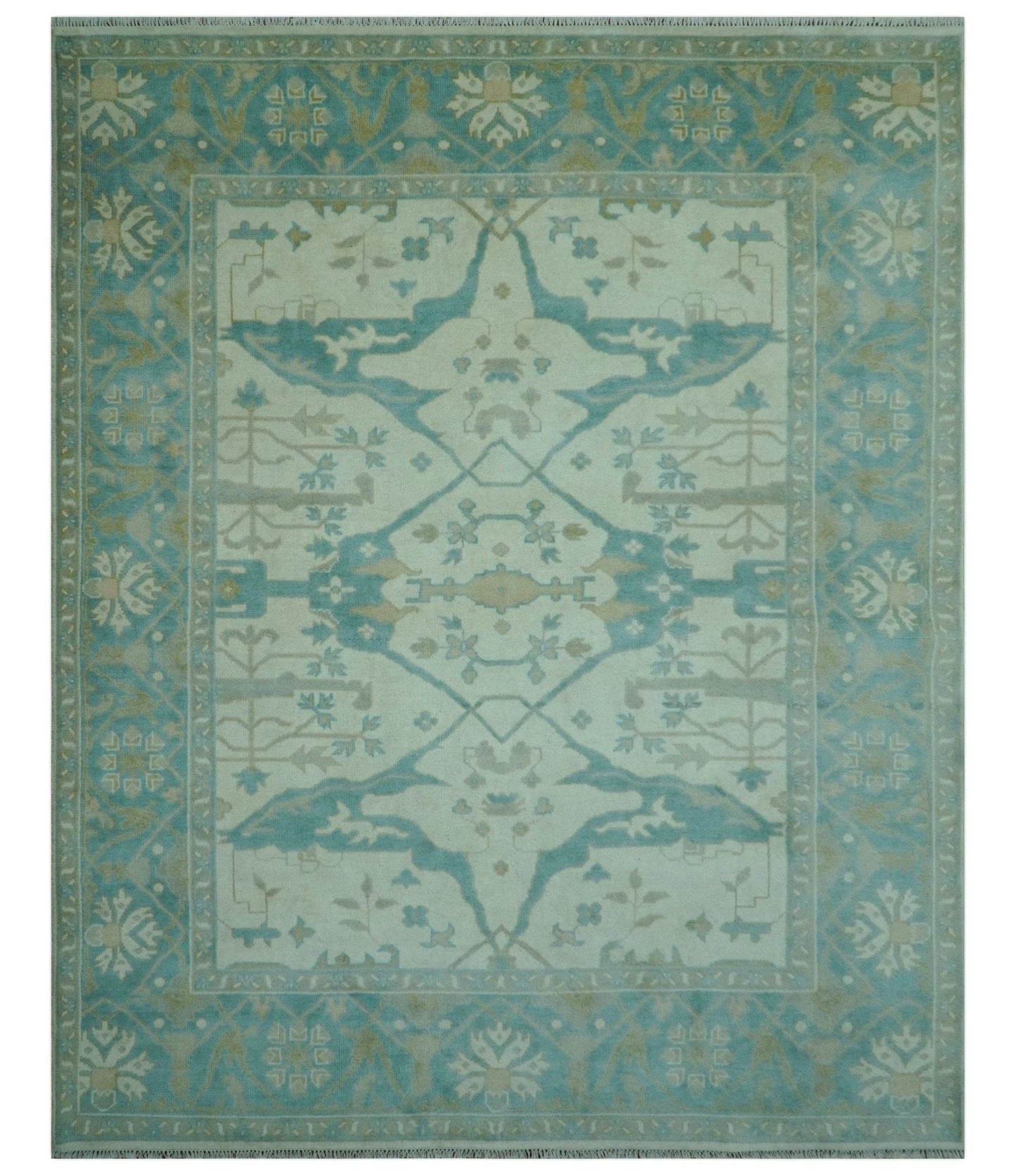 Ivory and Aqua Hand Knotted Oriental Oushak Custom Made Wool Rug