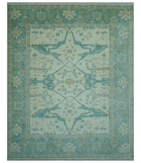 Ivory and Aqua Hand Knotted Oriental Oushak Custom Made Wool Rug