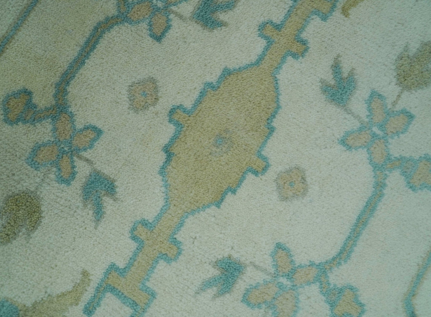 Ivory and Aqua Hand Knotted Oriental Oushak Custom Made Wool Rug