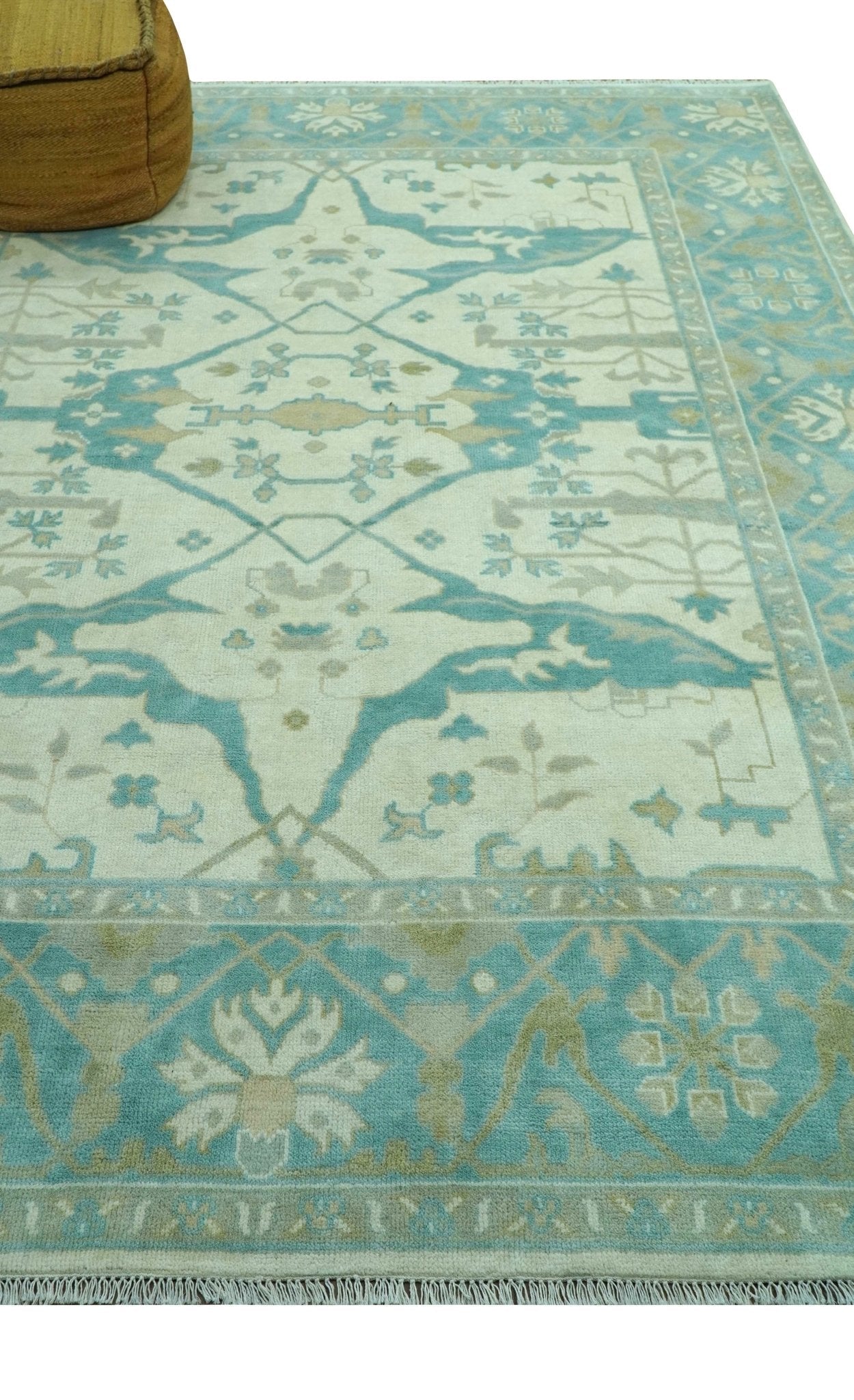 Ivory and Aqua Hand Knotted Oriental Oushak Custom Made Wool Rug