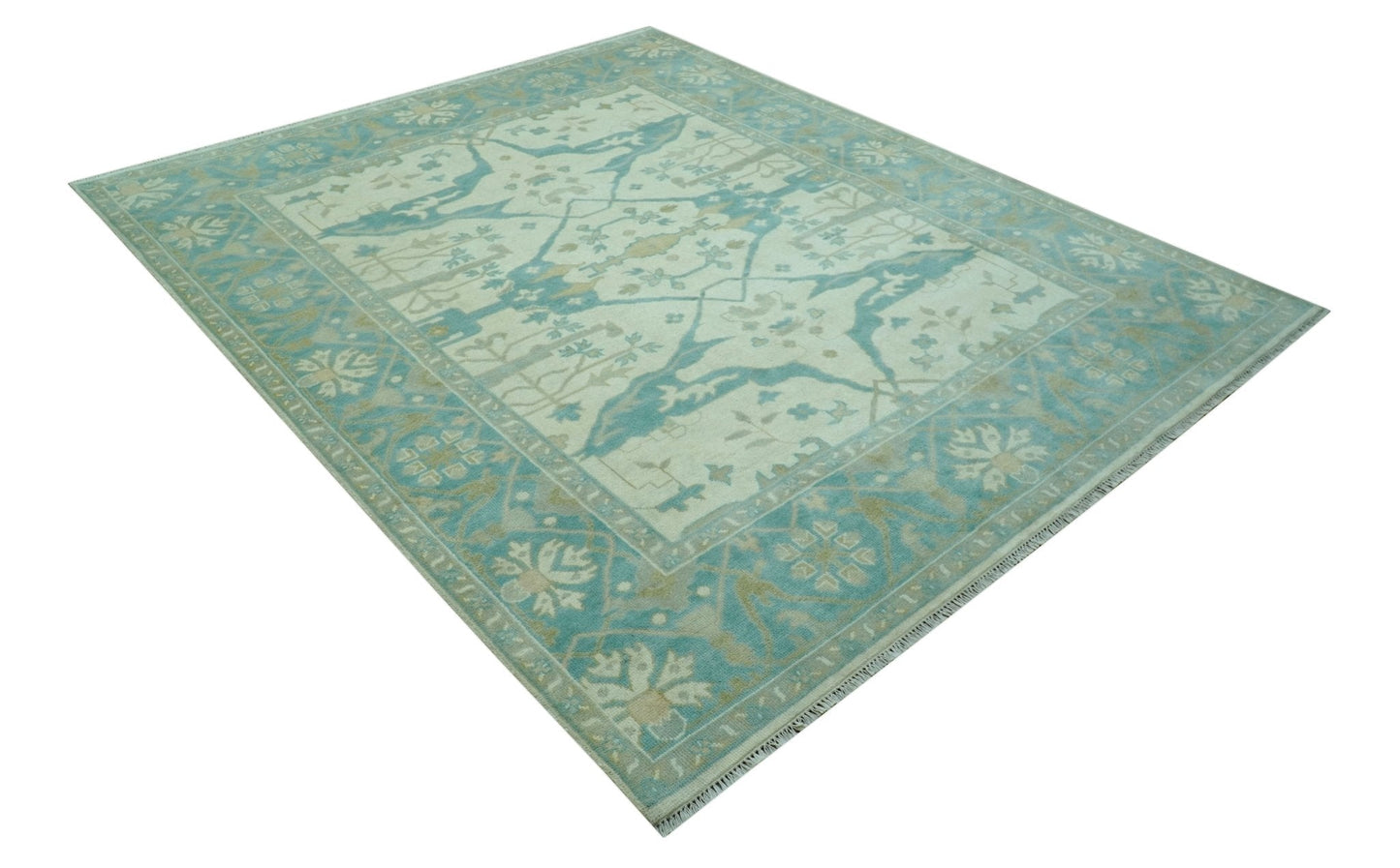 Ivory and Aqua Hand Knotted Oriental Oushak Custom Made Wool Rug