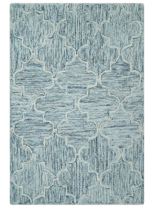Ivory and Blue Modern Geometric Hand Tufted Multi Size Natural Wool Area Rug