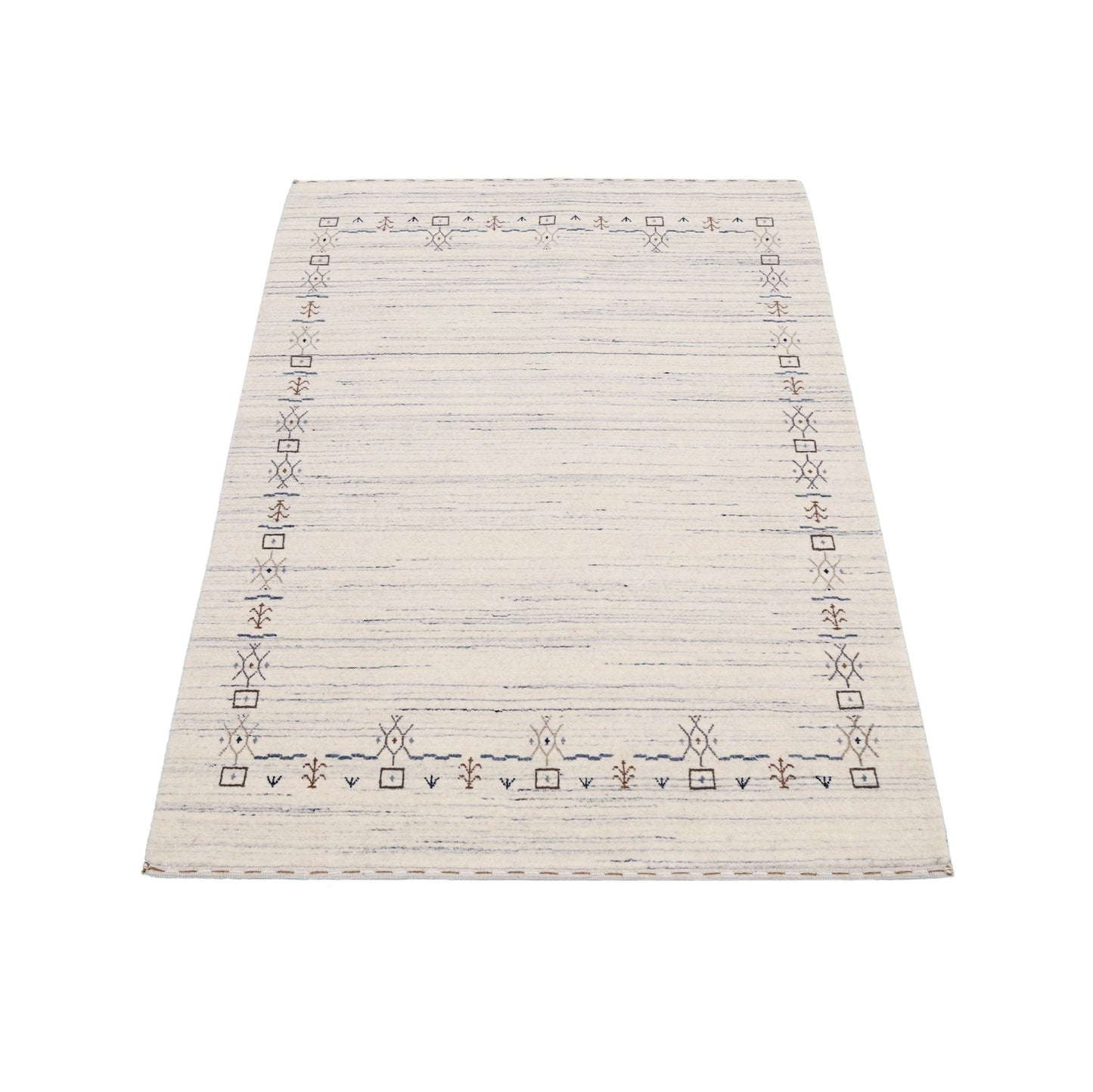 Ivory And Blue Tribal Border Design Hand Loomed Wool Area Rug