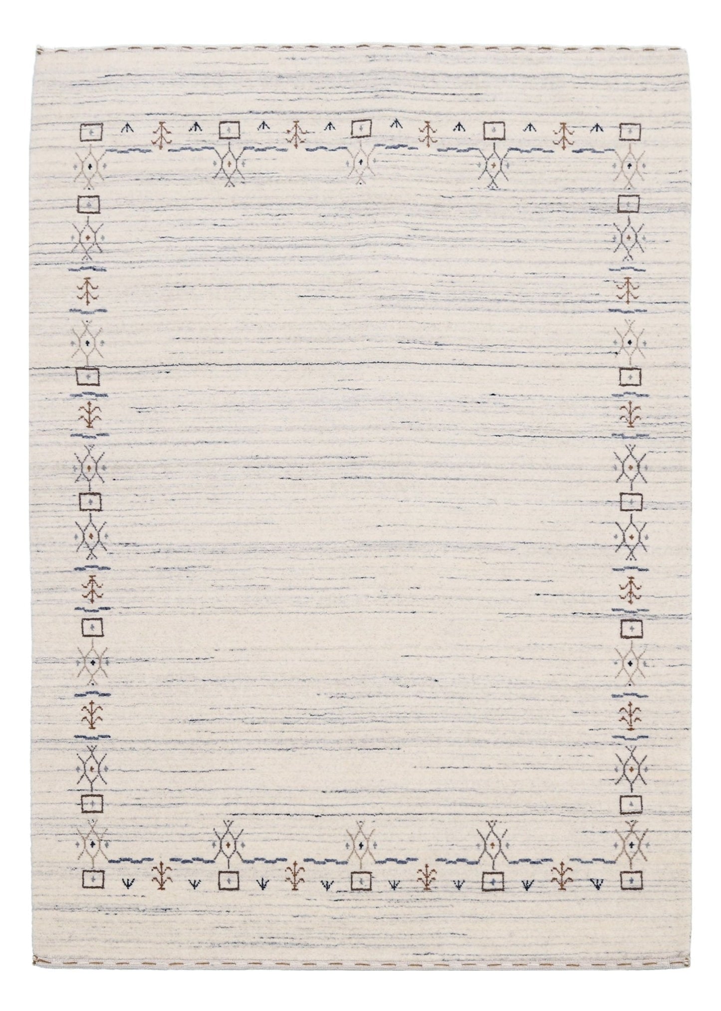 Ivory And Blue Tribal Border Design Hand Loomed Wool Area Rug