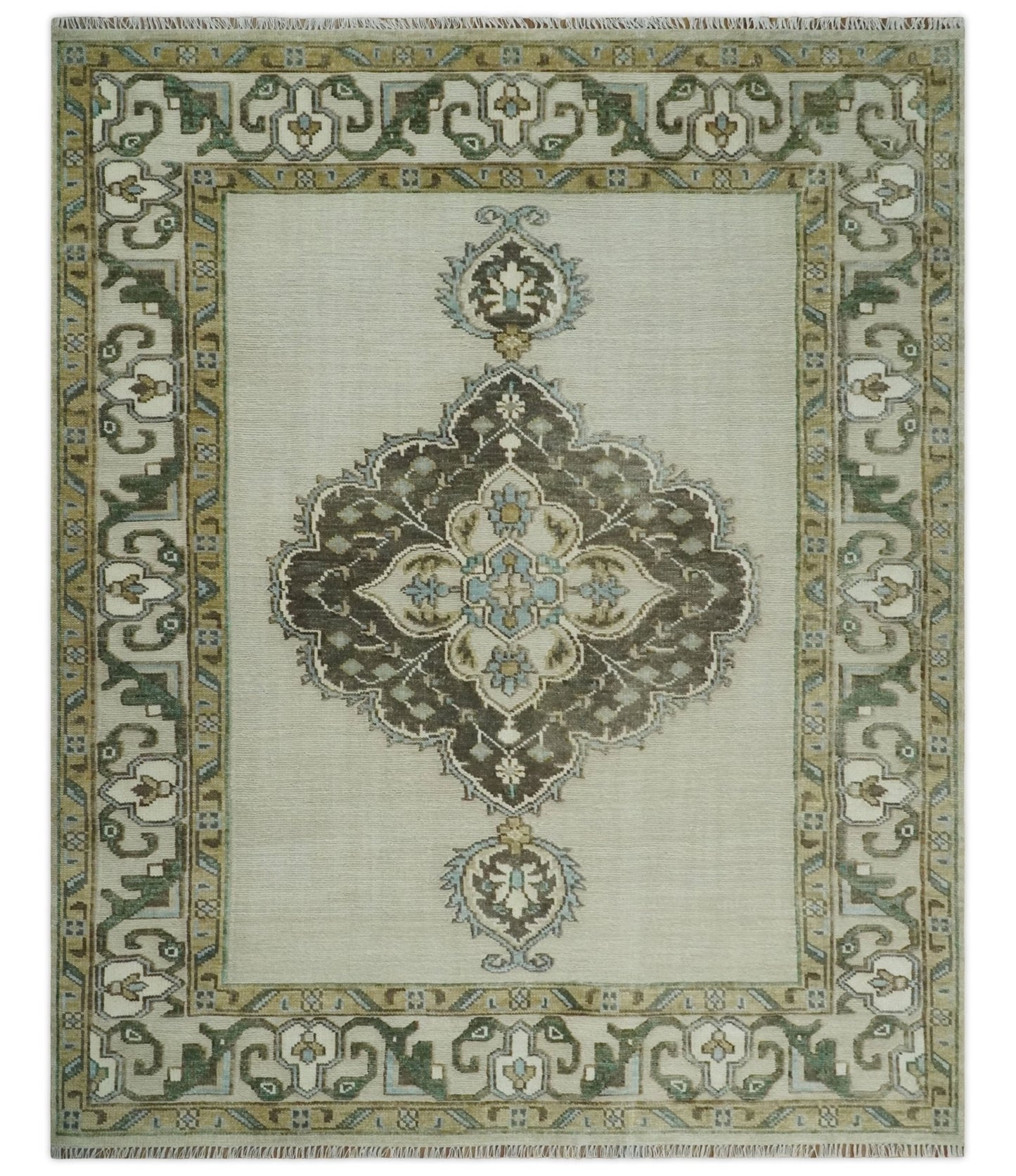 Ivory, Green and Beige Traditional Medallion Hand knotted Multi Size wool Area Rug