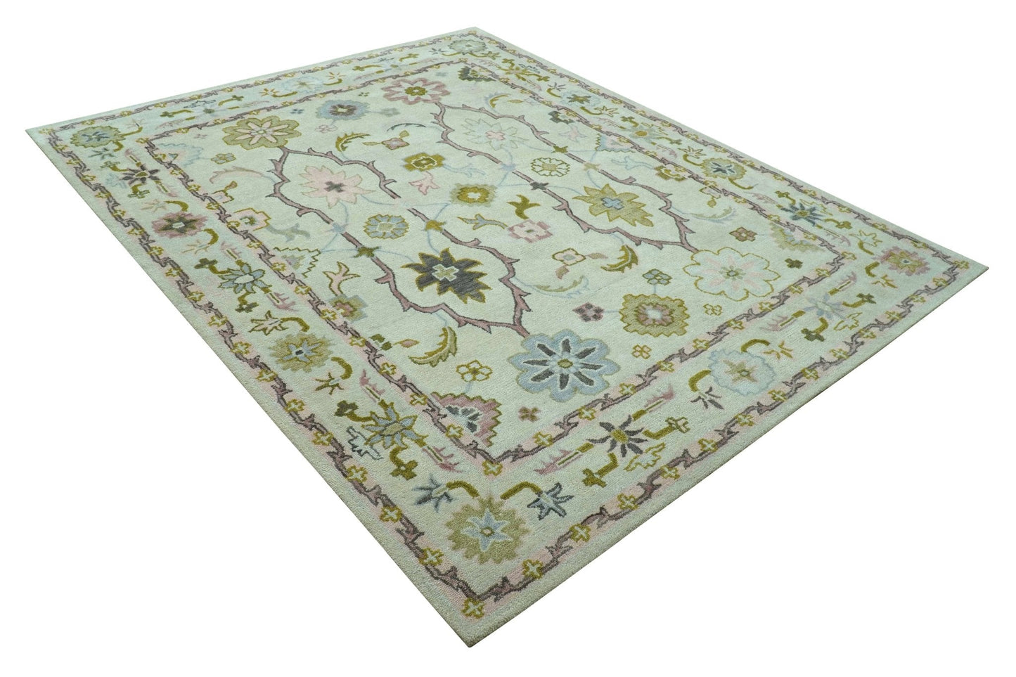 Ivory, Purple and Olive Floral Oushak Hand Tufted Custom Made wool rug
