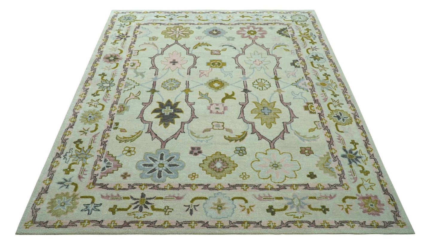 Ivory, Purple and Olive Floral Oushak Hand Tufted Custom Made wool rug