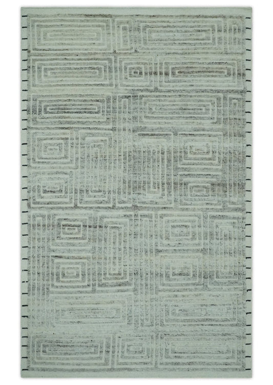 Ivory, Silver and Charcoal Modern Geometrical Puzzle Design hand knotted Custom Made wool Area Rug