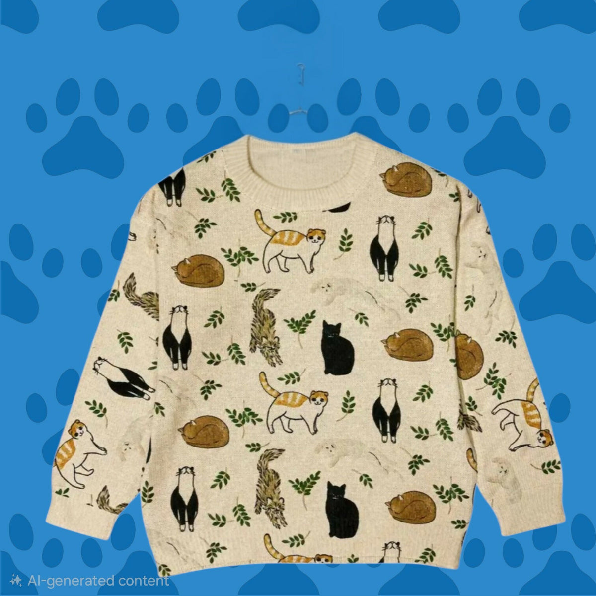 Anytime Crystals Long Sleeve Cat Print Sweater