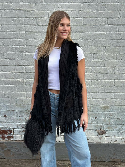 Black Rex Rabbit Pocket Shawl Vest