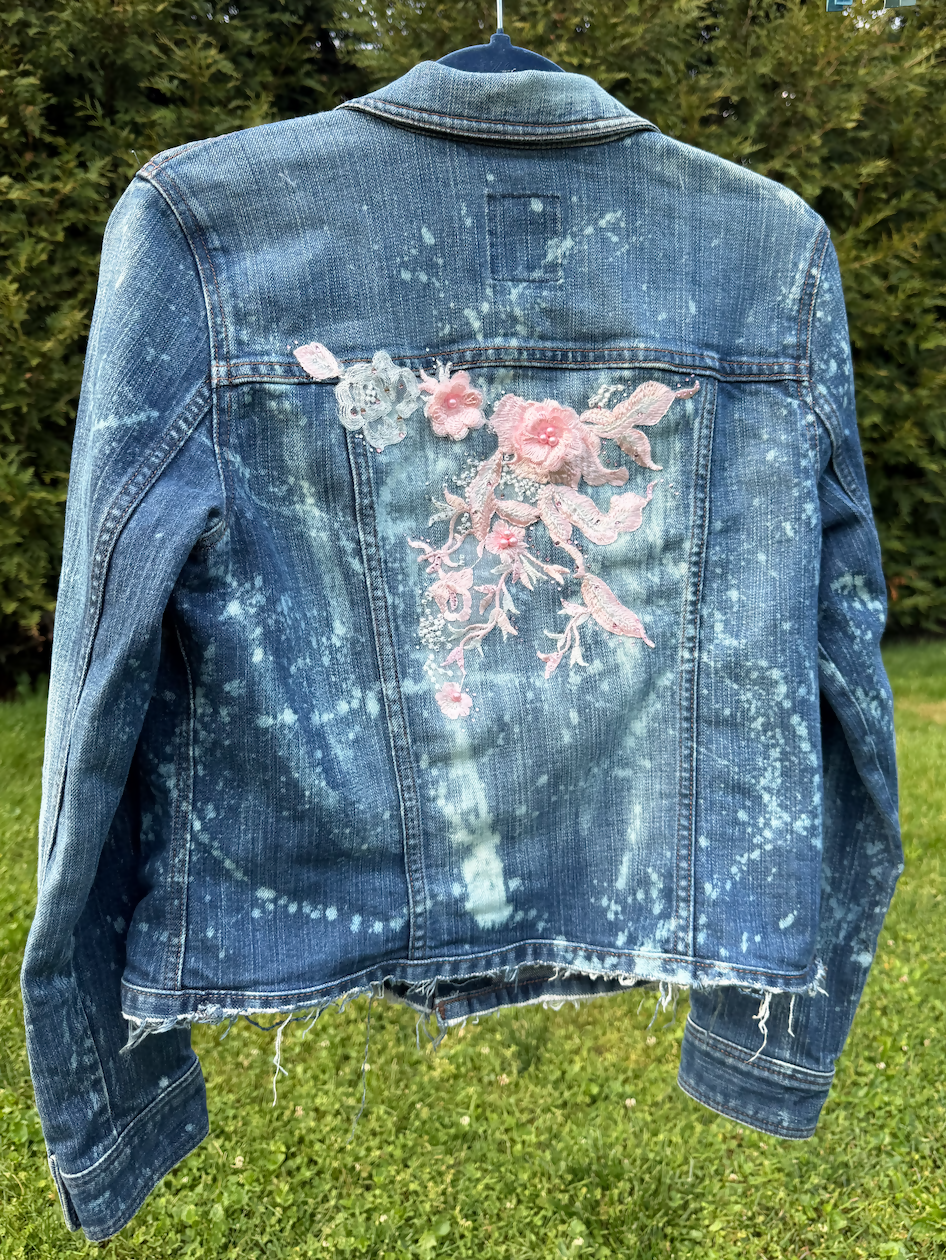 Bleached Embellished Upcycled Denim Jacket Large