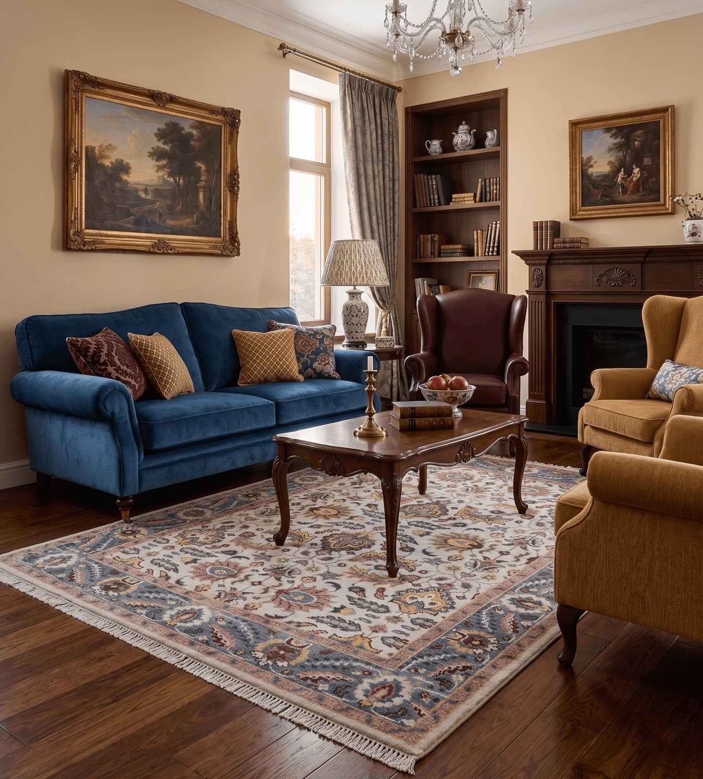 Kelly Turkish Design Ivory And Blue Hand Knotted Wool Rug
