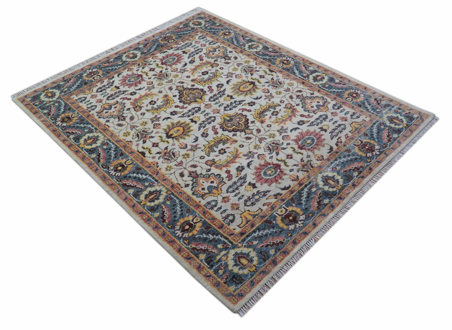 Kelly Turkish Design Ivory And Blue Hand Knotted Wool Rug