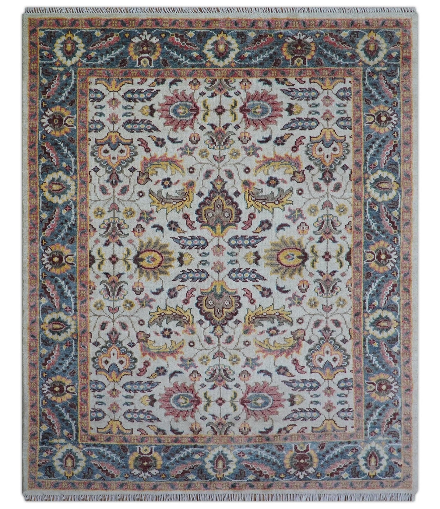 Kelly Turkish Design Ivory And Blue Hand Knotted Wool Rug