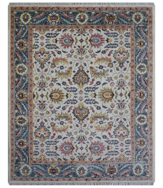 Kelly Turkish Design Ivory And Blue Hand Knotted Wool Rug