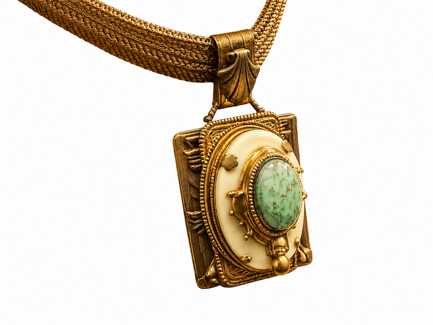 Vintage Egyptian Revival Statement Necklace 15” | Multi-Strand Gold Tone Mesh Collar with Stone Cabochon Pendant 2.2”