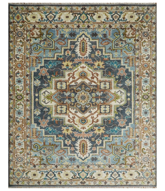 Vintage Style Ivory, Blue, Rust and Beige Hand knotted Traditional Heriz Multi Size wool Area Rug