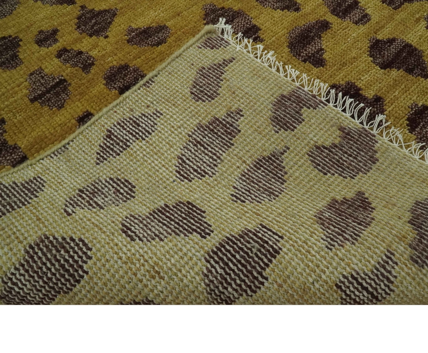 Leopard Design Mustard and Dark Plum Hand Knotted Custom Made wool area rug