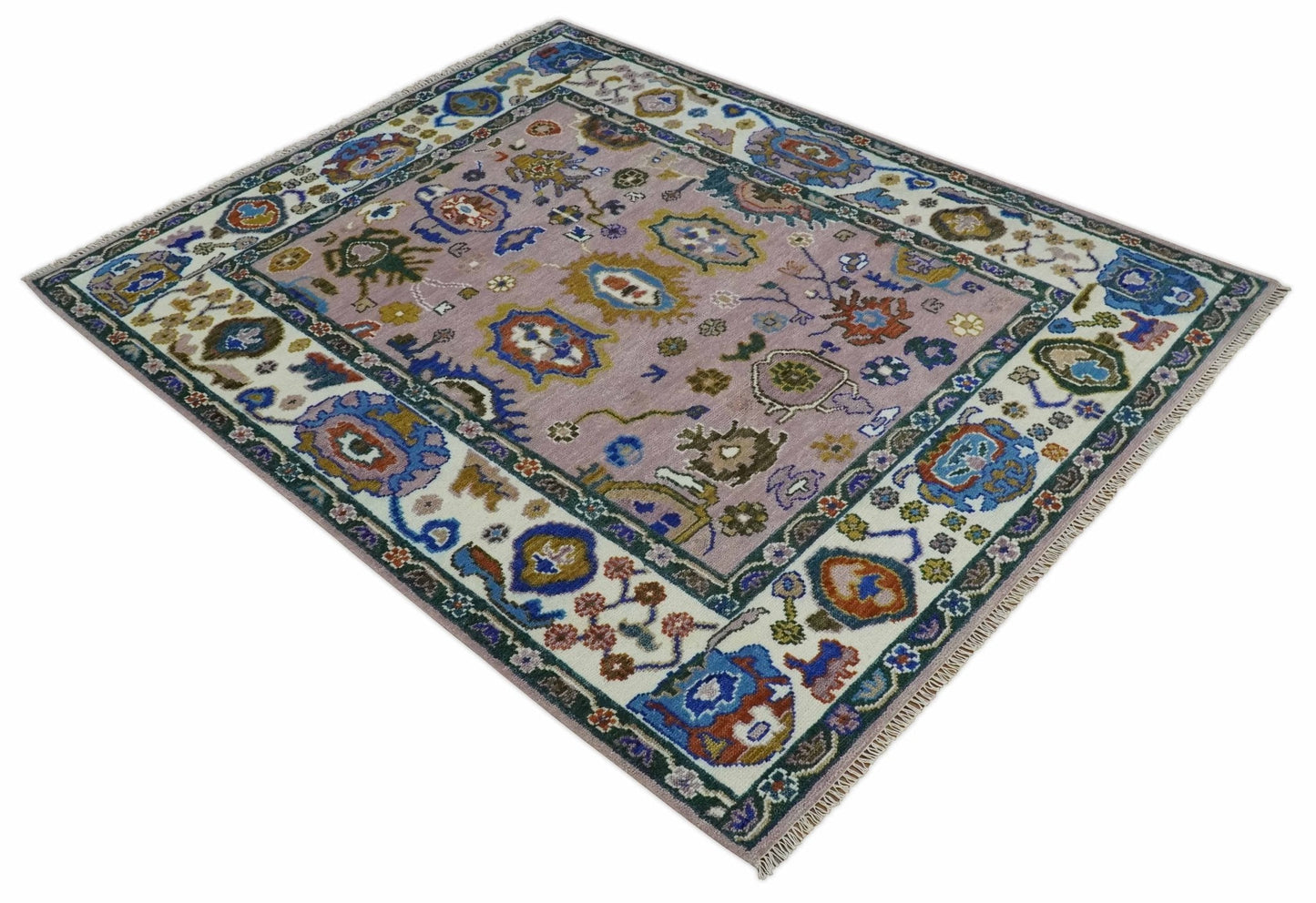 Light Purple, Ivory and Blue Hand knotted Traditional Oushak Multi Size wool Area Rug