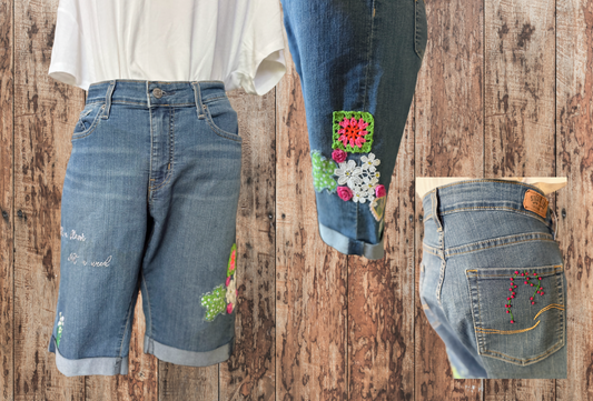 Upcycled Denim Shorts, Embroidered. Size XL