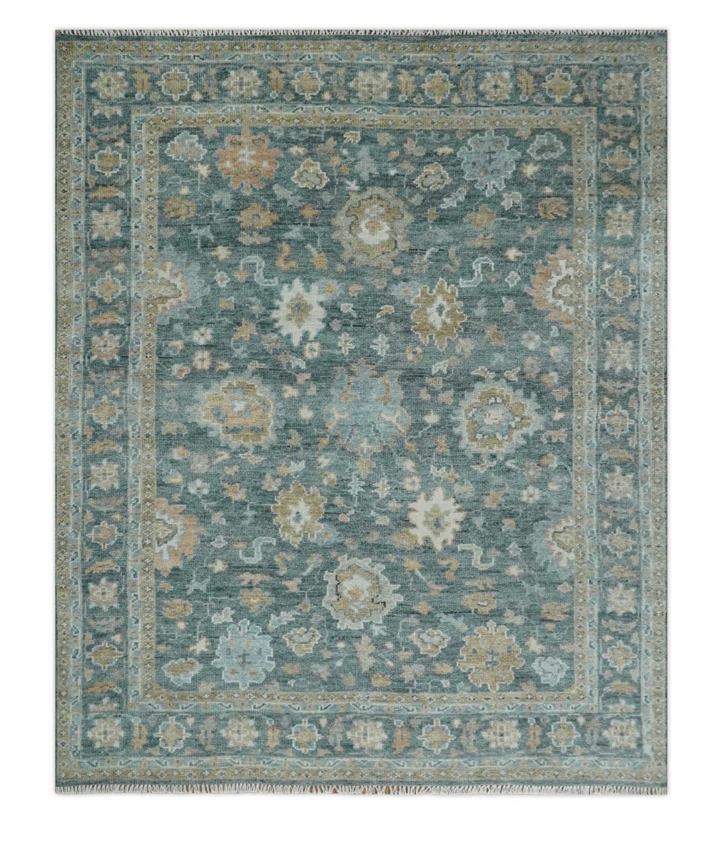 Made to Order Teal, Olive and Silver Antique Style Hand knotted Oushak wool Area Rug