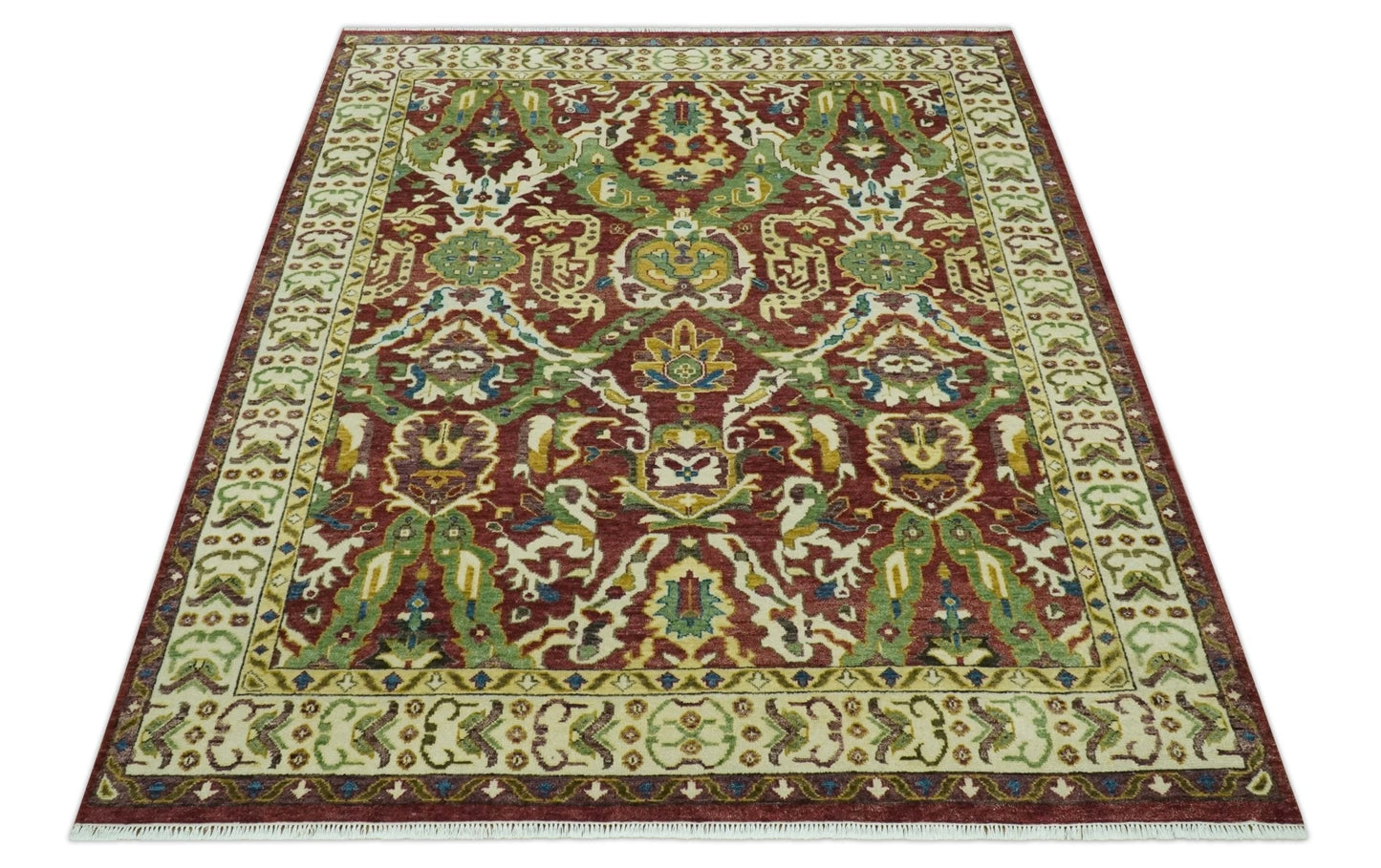 Maroon and Green Hand Knotted Traditional Large Design Multi Size wool area rug