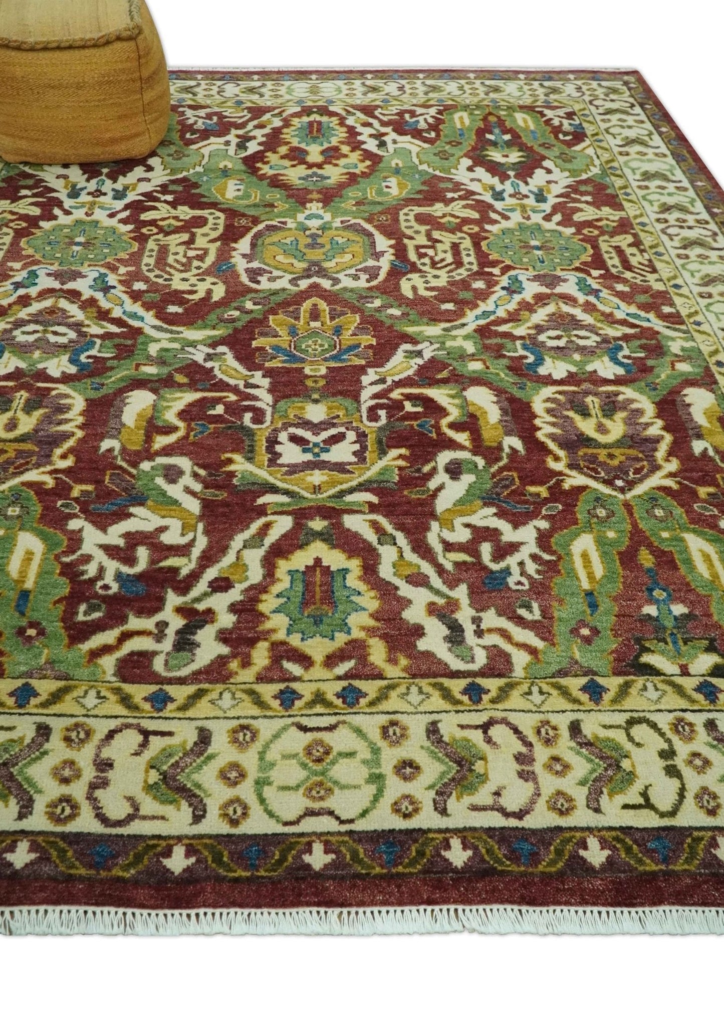 Maroon and Green Hand Knotted Traditional Large Design Multi Size wool area rug