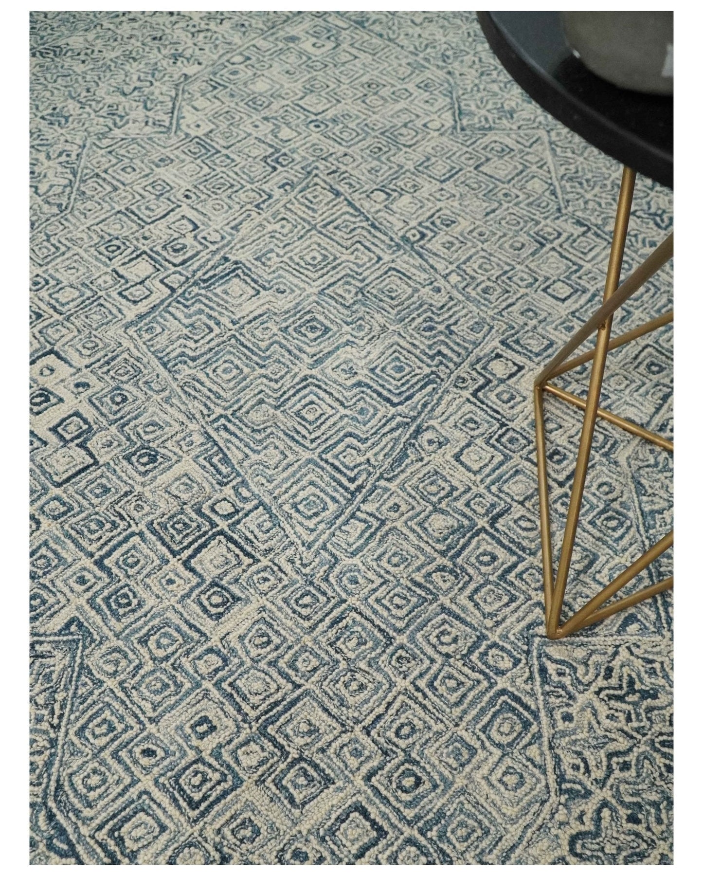Mid Century Modern Hand Tufted 2x3, 3x5, 5x8, 6x9, 8x10 and 9x12 Woolen Beige and Blue Area Rug | MIR1
