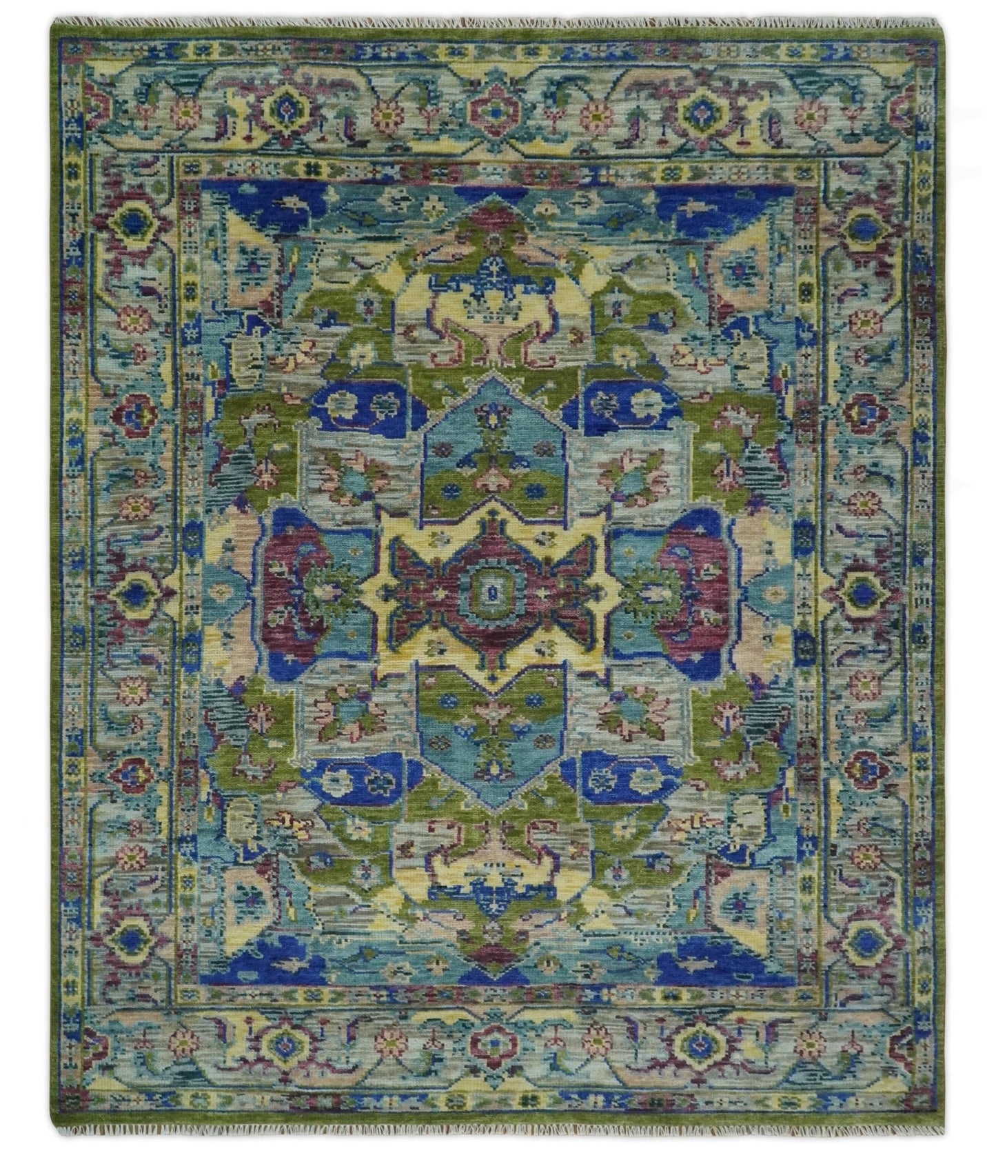 Modern Colorful Moss Green, Blue and Silver Traditional Turkish Design Heriz Wool Area Rug