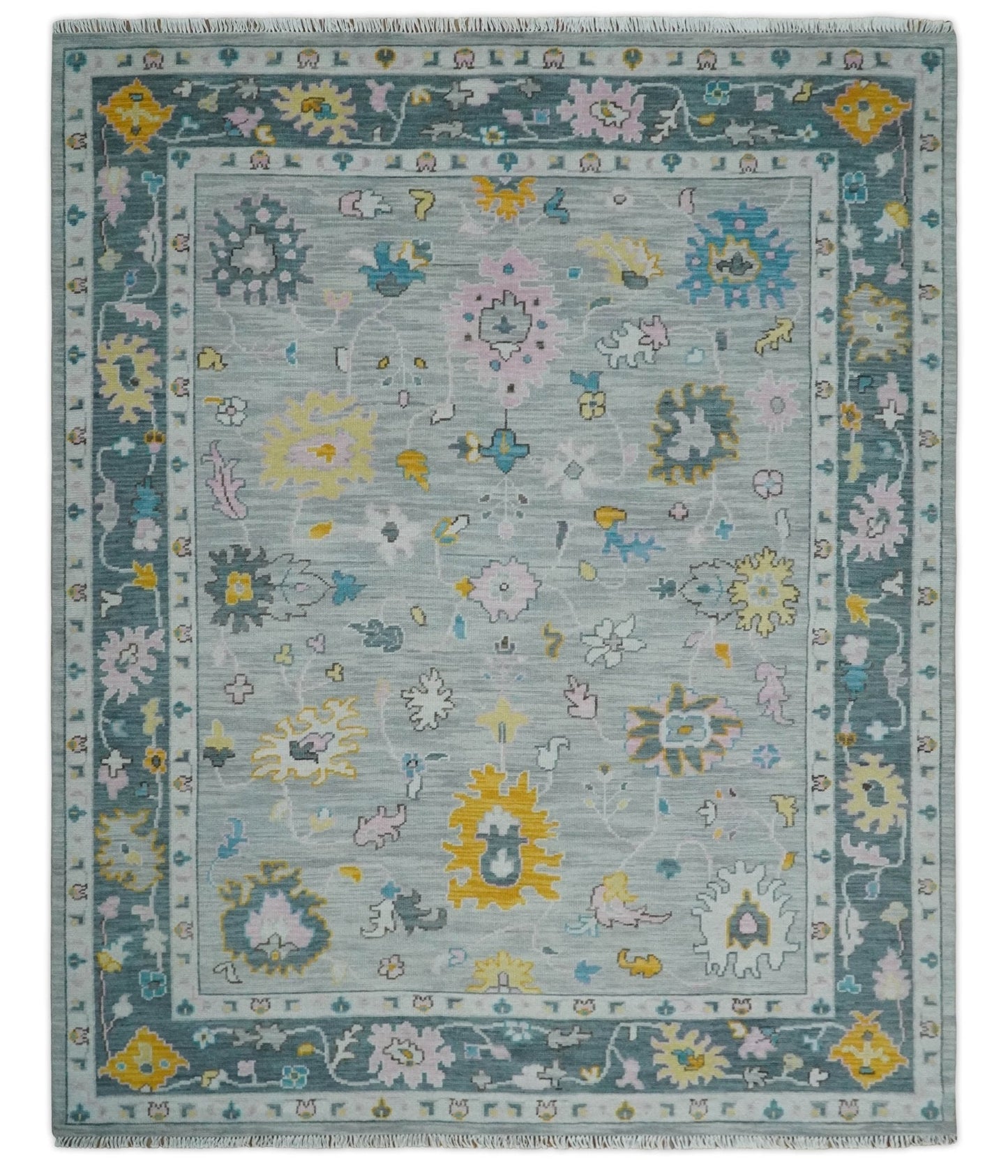 Modern Oushak Multi Size Silver and Teal Vibrant Colorful Hand knotted Wool Area Rug