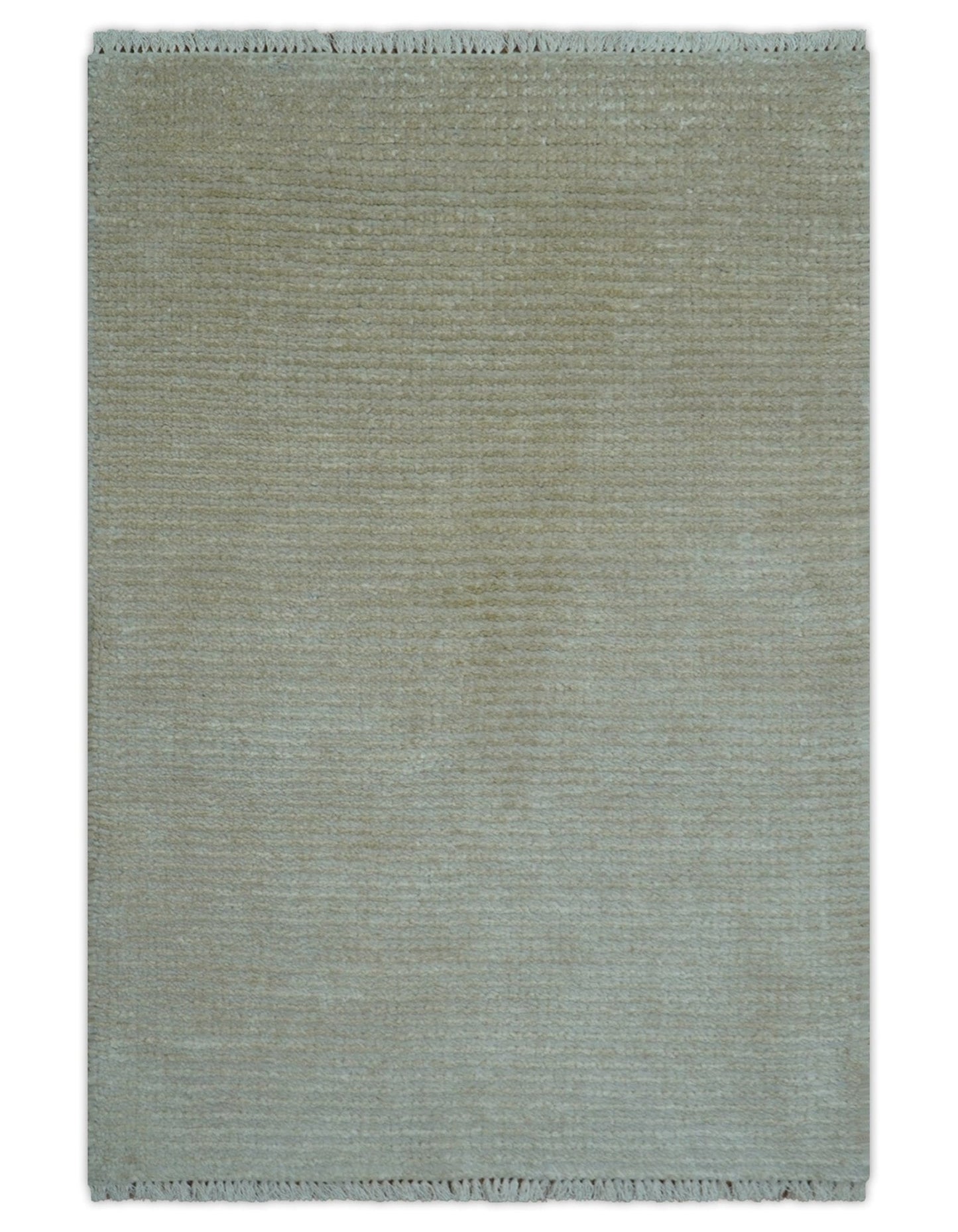 Modern Solid Design Beige Hand Knotted Wool And Silk Rug