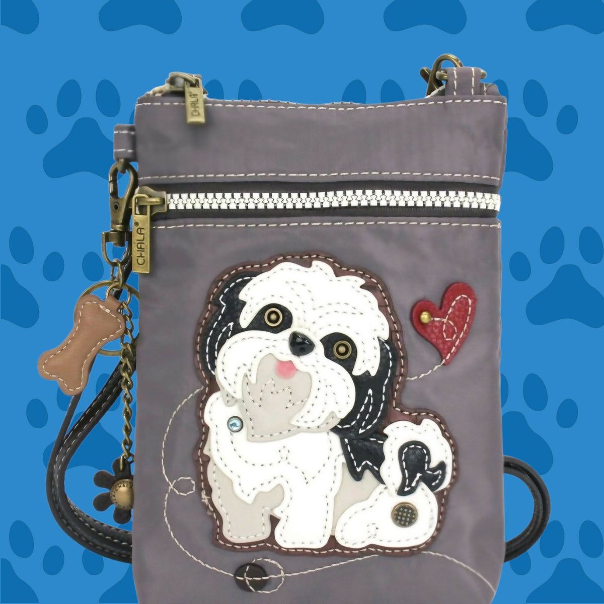Anytime Crystals Chala Handbags CV Cellphone Xbody- White Shih Tzu