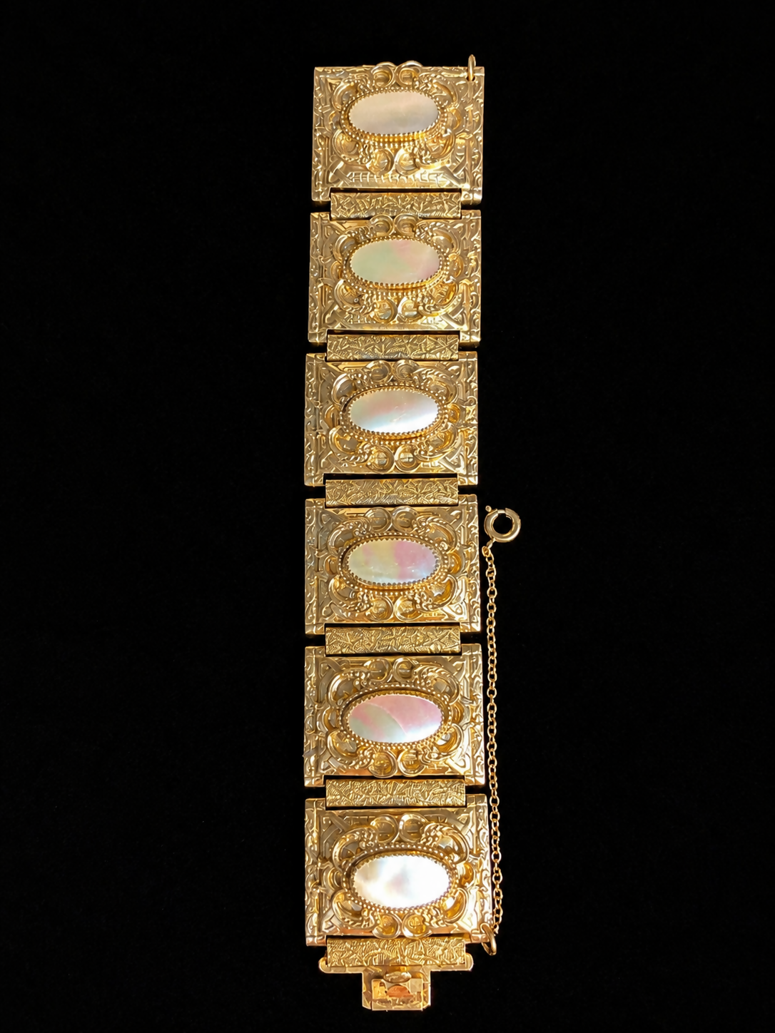 Vintage Whiting & Davis Gold Tone Panel Bracelet w/ Iridescent Inlay – Safety Chain 7”