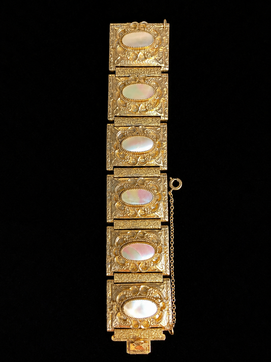 Vintage Whiting & Davis Gold Tone Panel Bracelet w/ Iridescent Inlay – Safety Chain 7”